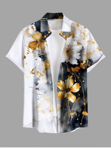 Plus Size Ink Painting Tie Dye Ombre Floral Print Hawaii Button Pocket Shirt For Men - GRAY - 6XL