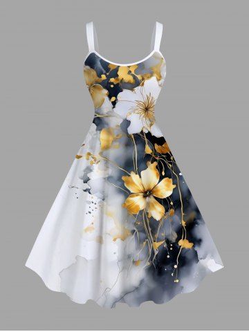 Plus Size Ink Painting Tie Dye Ombre Floral Print Hawaii A Line Tank Dress - GRAY - XXS
