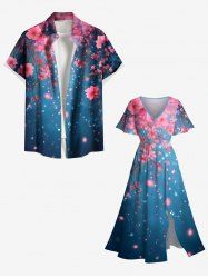 Tenue de plage hawaïenne assortie grande taille à imprimé fleurs, étoiles et galaxie pour couples - Bleu 