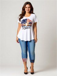 Patriotic American Flag Coconut Tree Sun Seascape Print Plus Size Matching Set -  