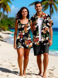 Ensemble chemise et barboteuse hawaïennes assorties, grande taille, tenue de plage, imprimé feuilles tropicales, fleurs et guitare, pour couples - Noir 