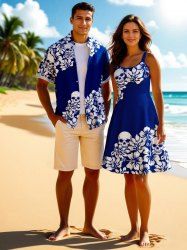 Tenue de plage hawaïenne assortie grande taille avec imprimé tropical, motif tête de mort, hibiscus, feuilles et fleurs pour couples - Bleu profond 