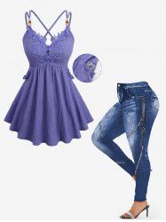 Flower Applique Textured Crisscross Solid Top and 3D Denim Lace Up Topstitching Print Leggings Plus Size Outfit -  