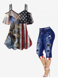 3D Lace Up Distressed Ombre Patriotic American Flag Eagle Print T-shirt and Leggings Plus Size Matching Set -  