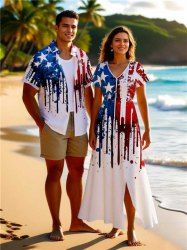 Painting Splatter Patriotic American Flag Print Plus Size Matching Outfit For Couples -  