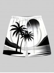 Plus Size Coconut Tree Sun Sea Print Hawaii Drawstring Beach Shorts For Men -  
