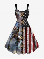 Plus Size 3D Lace Up Patriotic American Flag Eagle Print A Line Tank Dress -  