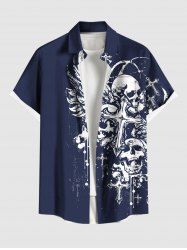 Chemise grande taille à imprimé tête de mort, croix et ailes, avec poches boutonnées pour homme - Bleu L