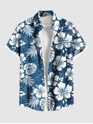 Plus Size Tropical Leaves Hibiscus Floral Print Hawaii Button Pocket Shirt For Men -  
