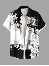 Plus Size Flower Branch Print Hawaii Button Pocket Shirt For Men -  
