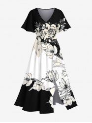 Plus Size Floral Branch Print Hawaii Split Pocket A Line Midi Dress -  
