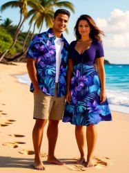 Flower Leaf Tropical Print Plus Size Matching Hawaii Beach Outfit For Couples -  