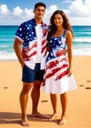 Patriotic American Flag Distressed Print Plus Size Matching Outfit For Couples -  