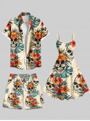 Skulls Tropical Leaf Hibiscus Flowers Print Plus Size Matching Hawaii Beach Outfit For Couples -  