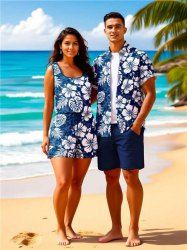 Matching Hawaii Shirt and Romper Plus Size Beach Outfit Tropical Leaf Hibiscus Flower Print For Couples -  