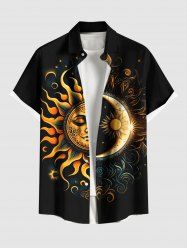 Plus Size Galaxy Sun Moon Star Sunflowers Print Buttons Pocket Shirt For Men -  