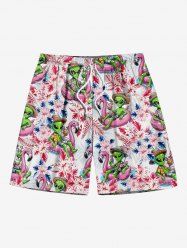 Plus Size Flamingo Swimming Lap Alien Hibiscus Flower Print Hawaii Beach Shorts For Men -  