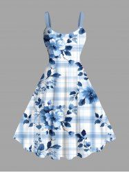 Plus Size Peony Flowers Plaid Print Hawaii Tank Dress -  