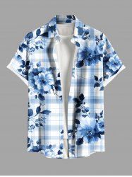 Plus Size Peony Flowers Plaid Print Buttons Pocket Hawaii Shirt For Men -  