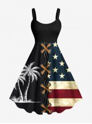 Plus Size Patriotic American Flag Coconut Tree Lace Up 3D Print Tank Dress -  