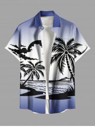 Plus Size Coconut Tree Cloud Sun Seascape Print Buttons Pocket Hawaii Shirt For Men -  