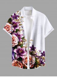 Plus Size Flower Leaf Print Hawaii Button Pocket Shirt For Men -  
