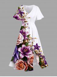 Plus Size Floral Leaves Print Hawaii Split Pocket A Line Midi Dress -  