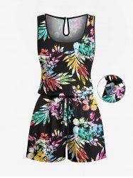 Plus Size Colorful Tropical Leaf Flower Print Hawaii Drawstring Pocket Romper -  