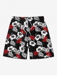 Short de plage hawaïen grande taille à imprimé feuilles tropicales et fleurs d'hibiscus, avec cordon de serrage, pour homme - Noir L