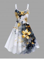 Plus Size Ink Painting Tie Dye Ombre Floral Print Hawaii A Line Tank Dress -  