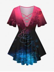 Plus Size Tie Dye Ombre Flowers Print Lattice Crisscross T-shirt -  