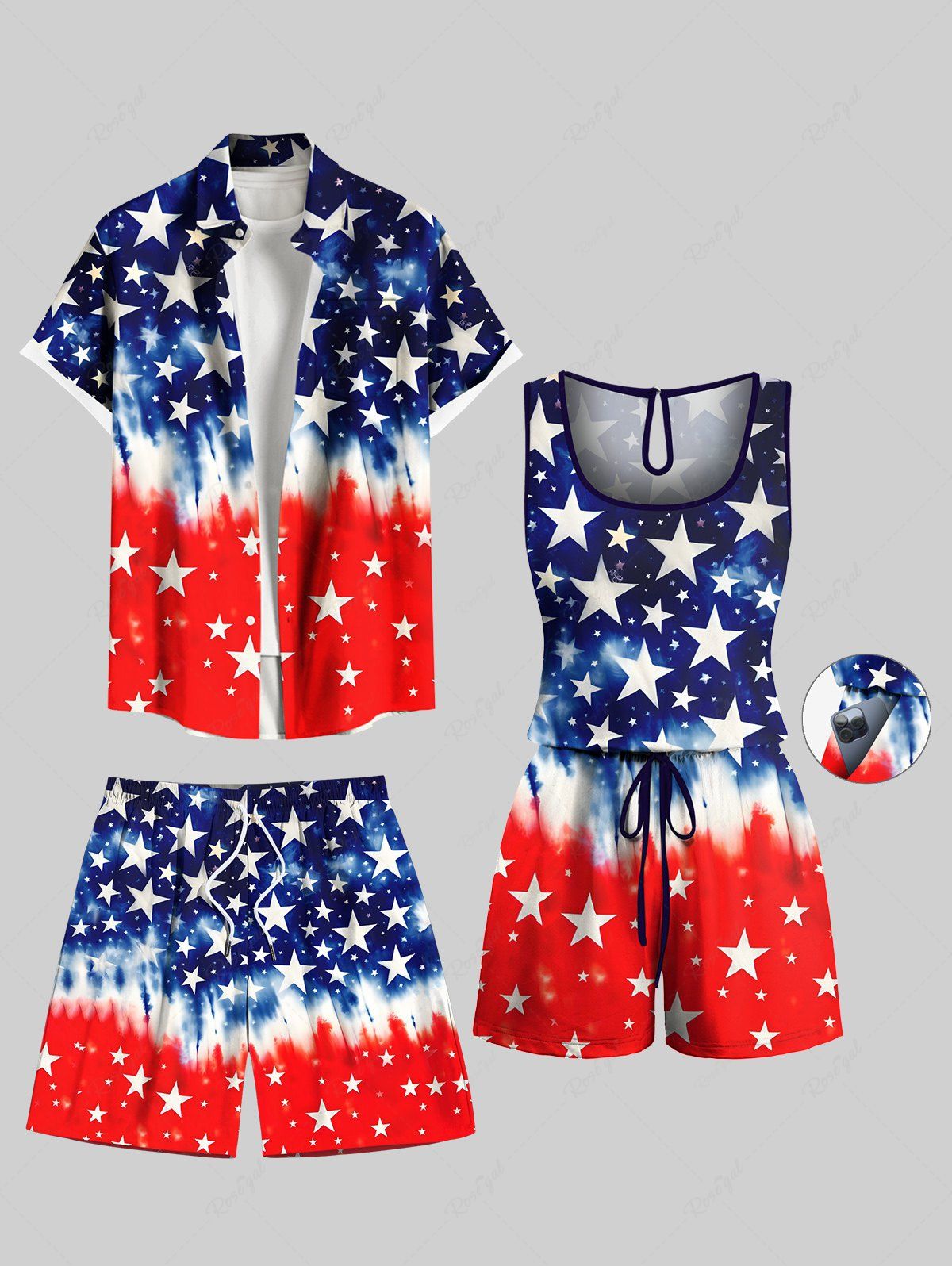 Cheap Matching Hawaii Shirt and Romper Plus Size Beach Outfit Patriotic American Flag Tie Dye Printed for Couples  