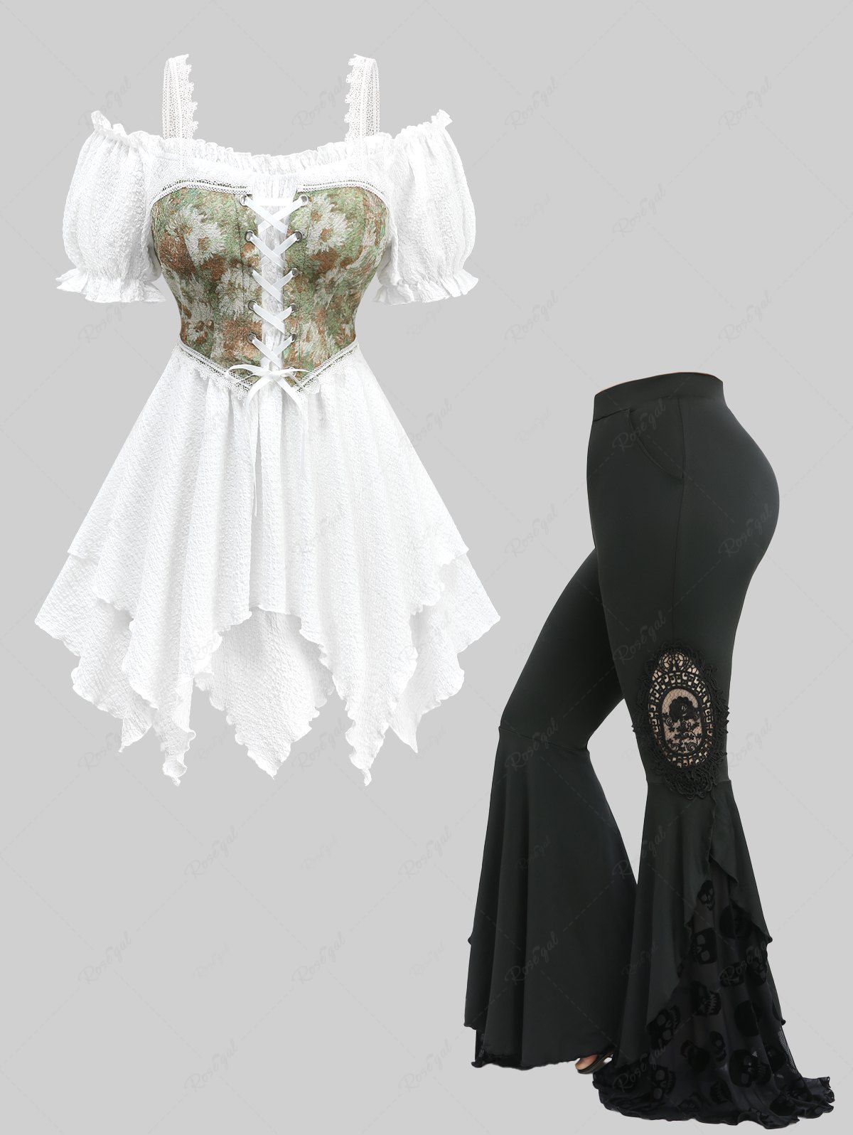 Buy Sunflower Oil Painting Print Lace Up Cold Shoulder Top and Skull Flocking Applique Flare Pants Plus Size Outfit  