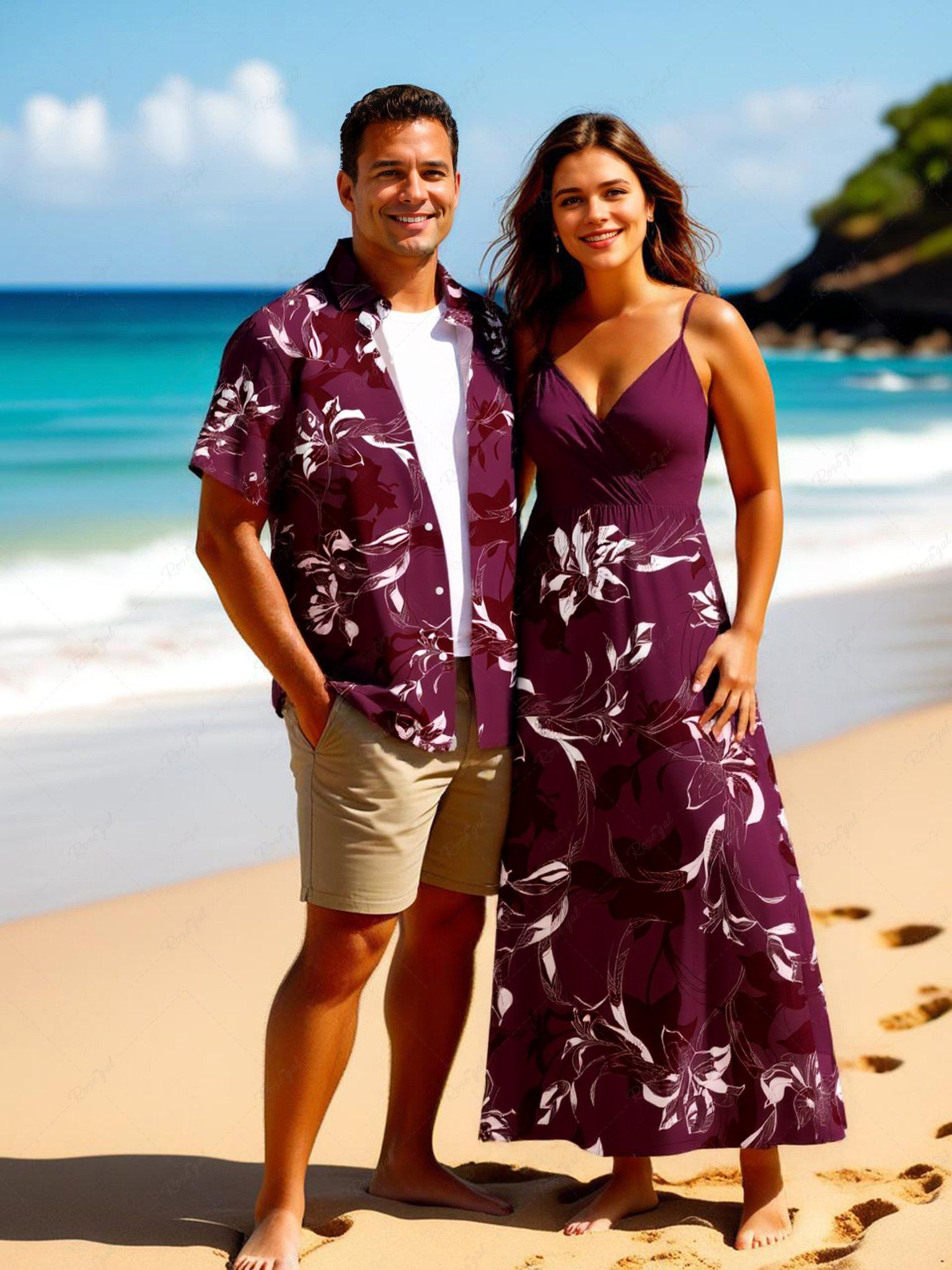 Fancy Flowers Leaf Tropical Print Plus Size Matching Hawaii Beach Outfit For Couples  