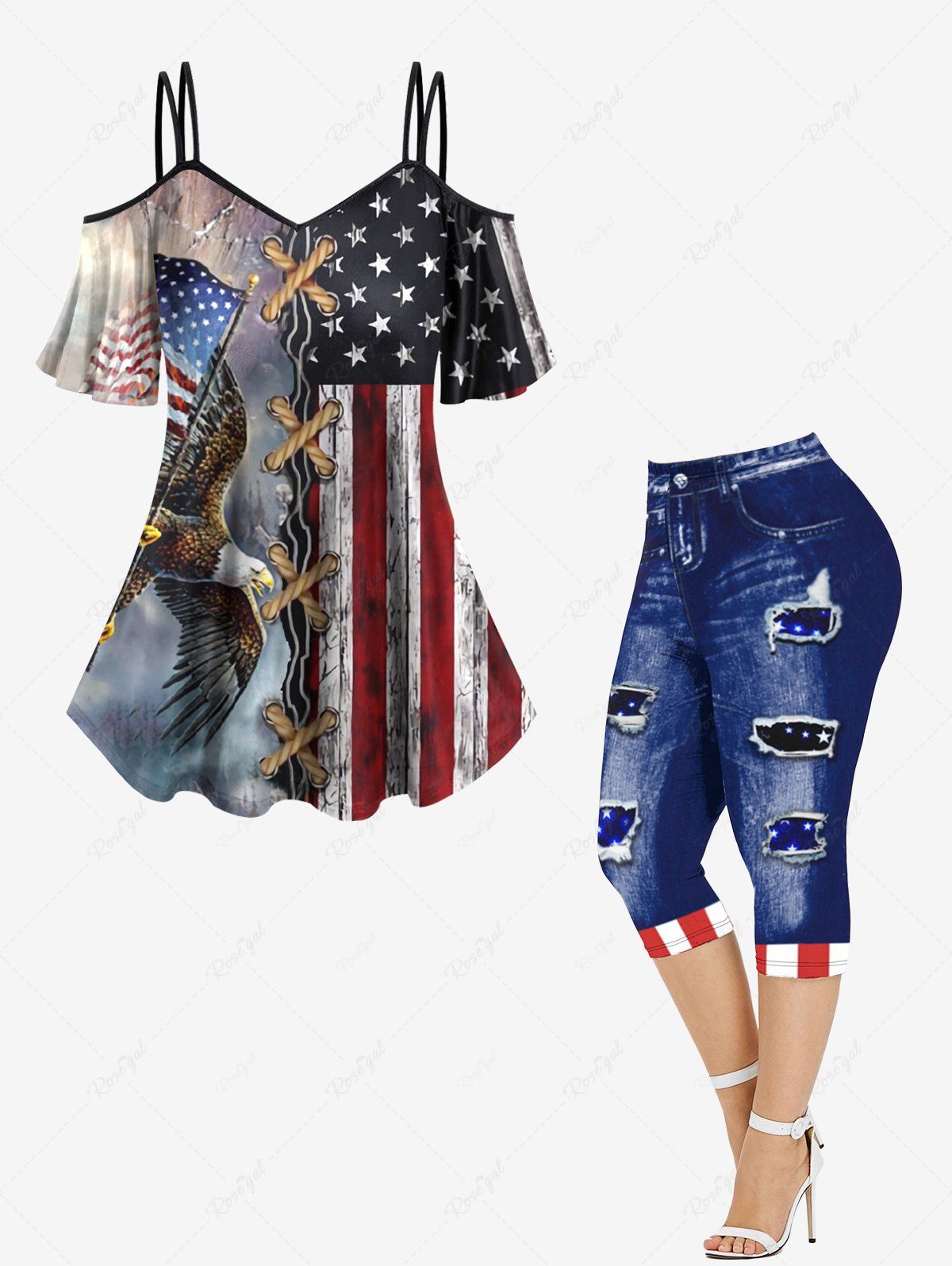 Online 3D Lace Up Distressed Ombre Patriotic American Flag Eagle Print T-shirt and Leggings Plus Size Matching Set  