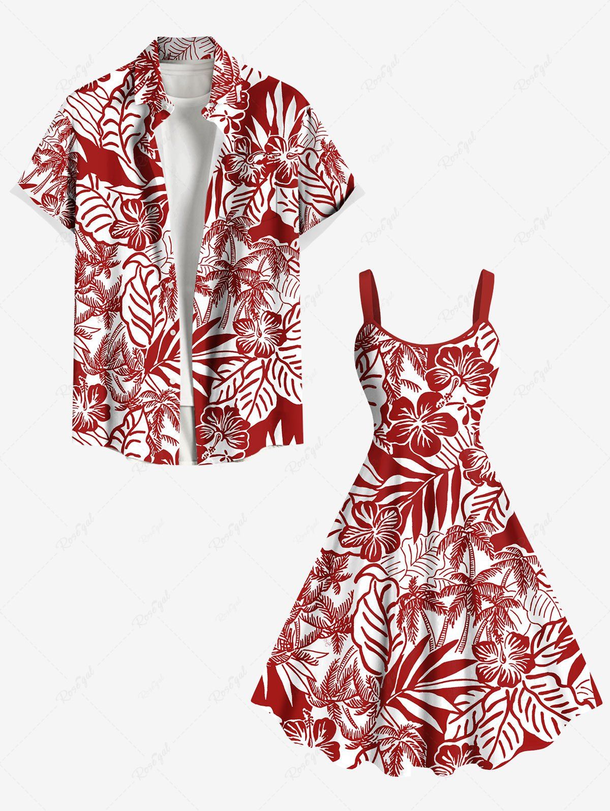 Tenue de plage hawaïenne assortie grande taille, motif cocotier, feuilles tropicales, fleurs d'hibiscus, pour couples Rouge 