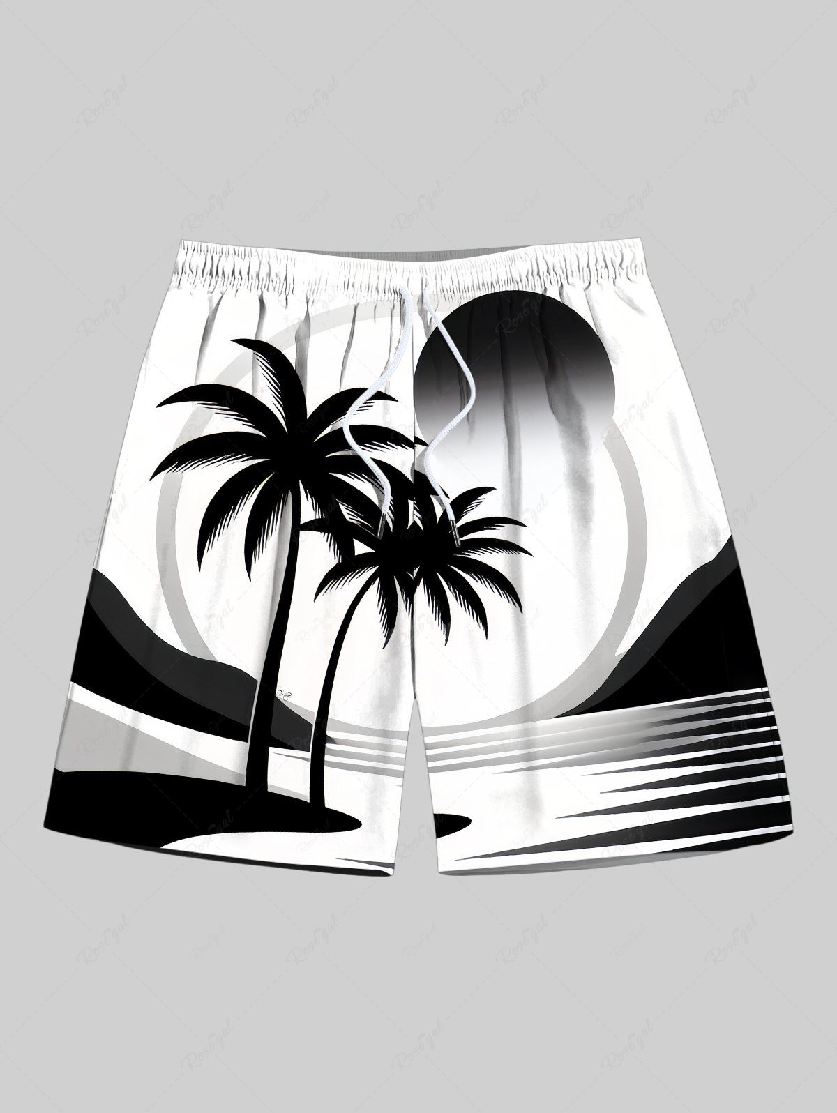 Discount Plus Size Coconut Tree Sun Sea Print Hawaii Drawstring Beach Shorts For Men  
