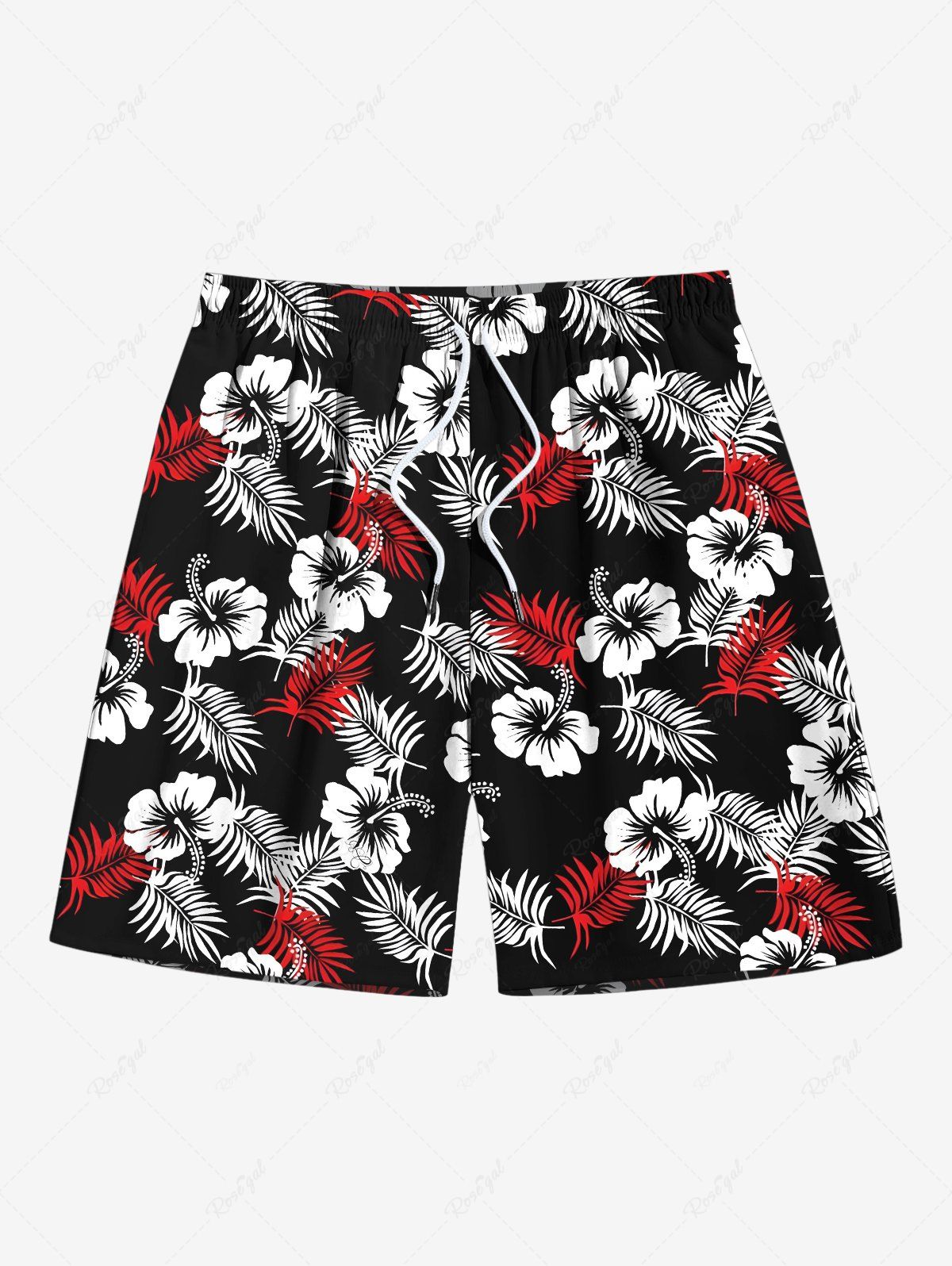 New Plus Size Tropical Leaf Hibiscus Flower Print Hawaii Drawstring Beach Shorts For Men  