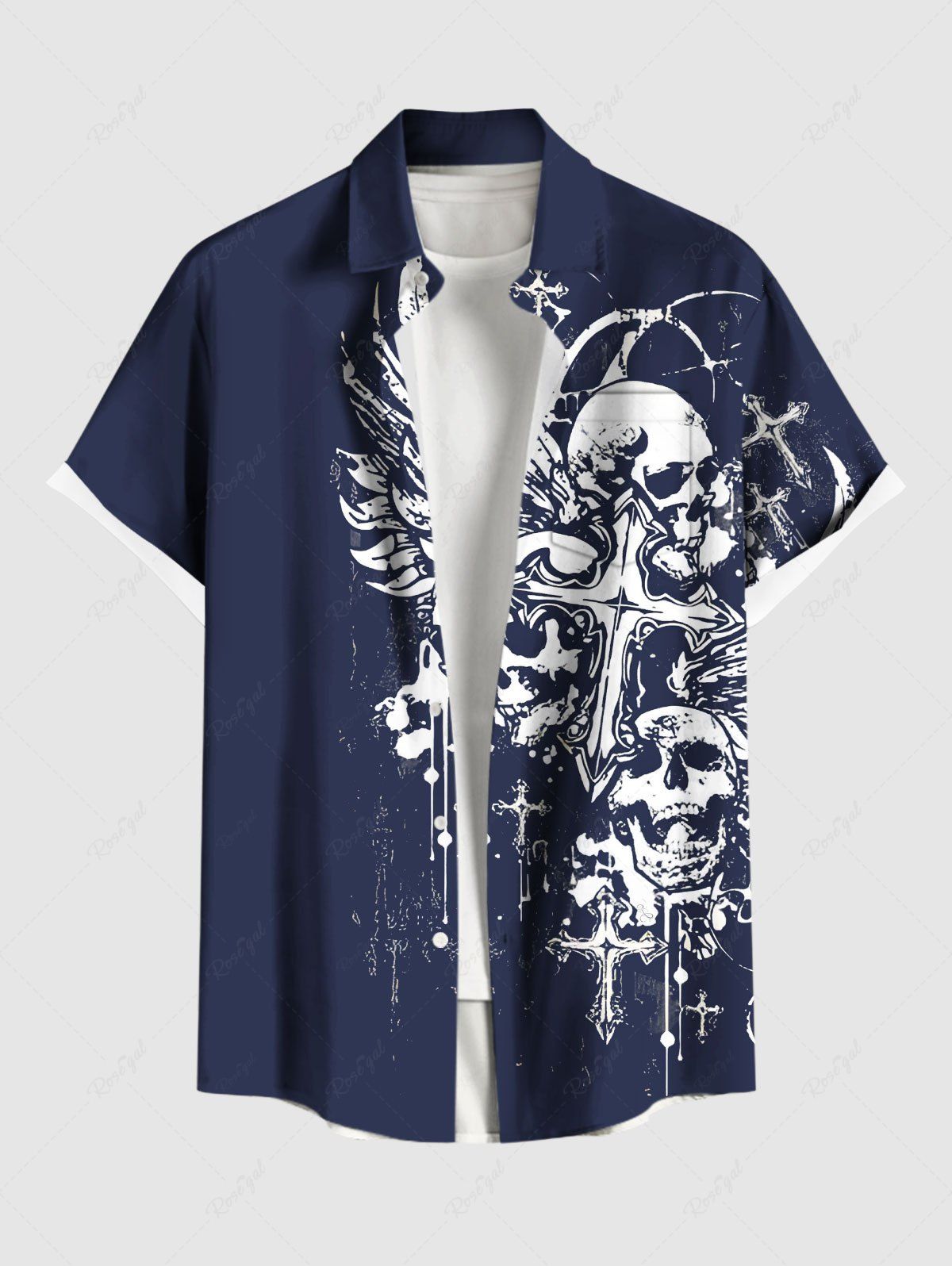 Affordable Plus Size Skull Cross Wings Print Button Pocket Shirt For Men  