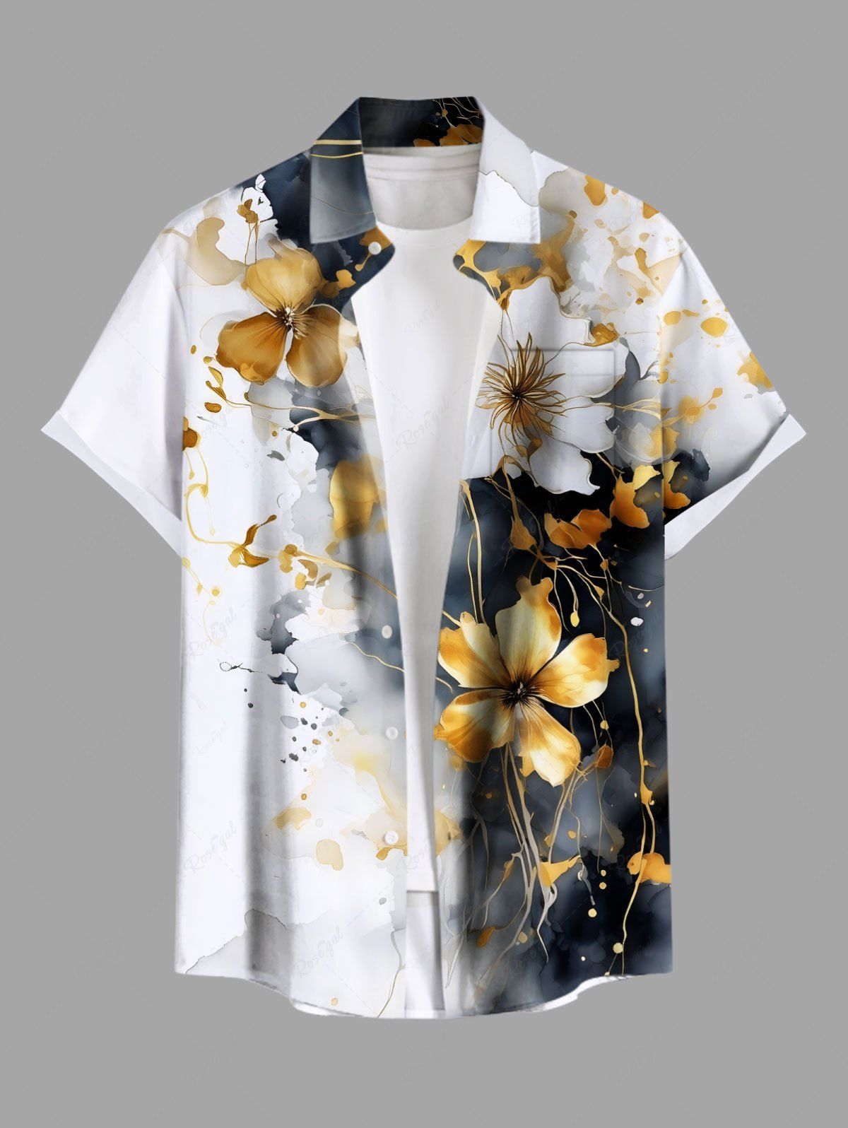 Chemise hawaïenne grande taille à imprimé floral ombré et tie-dye avec poches boutonnées pour homme Gris 5XL