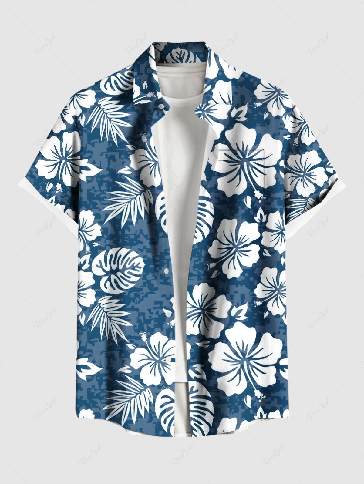 Chic Plus Size Tropical Leaves Hibiscus Floral Print Hawaii Button Pocket Shirt For Men  