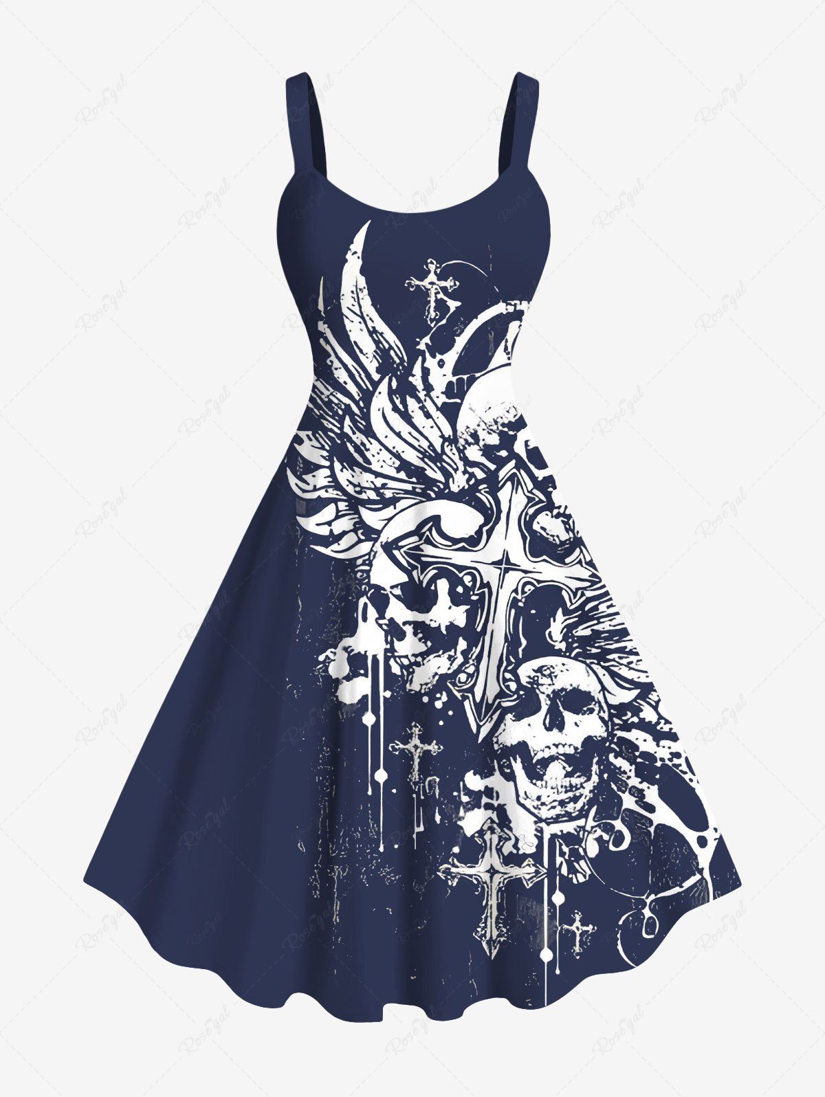 Discount Plus Size Skull Cross Wings Print A Line Tank Dress  