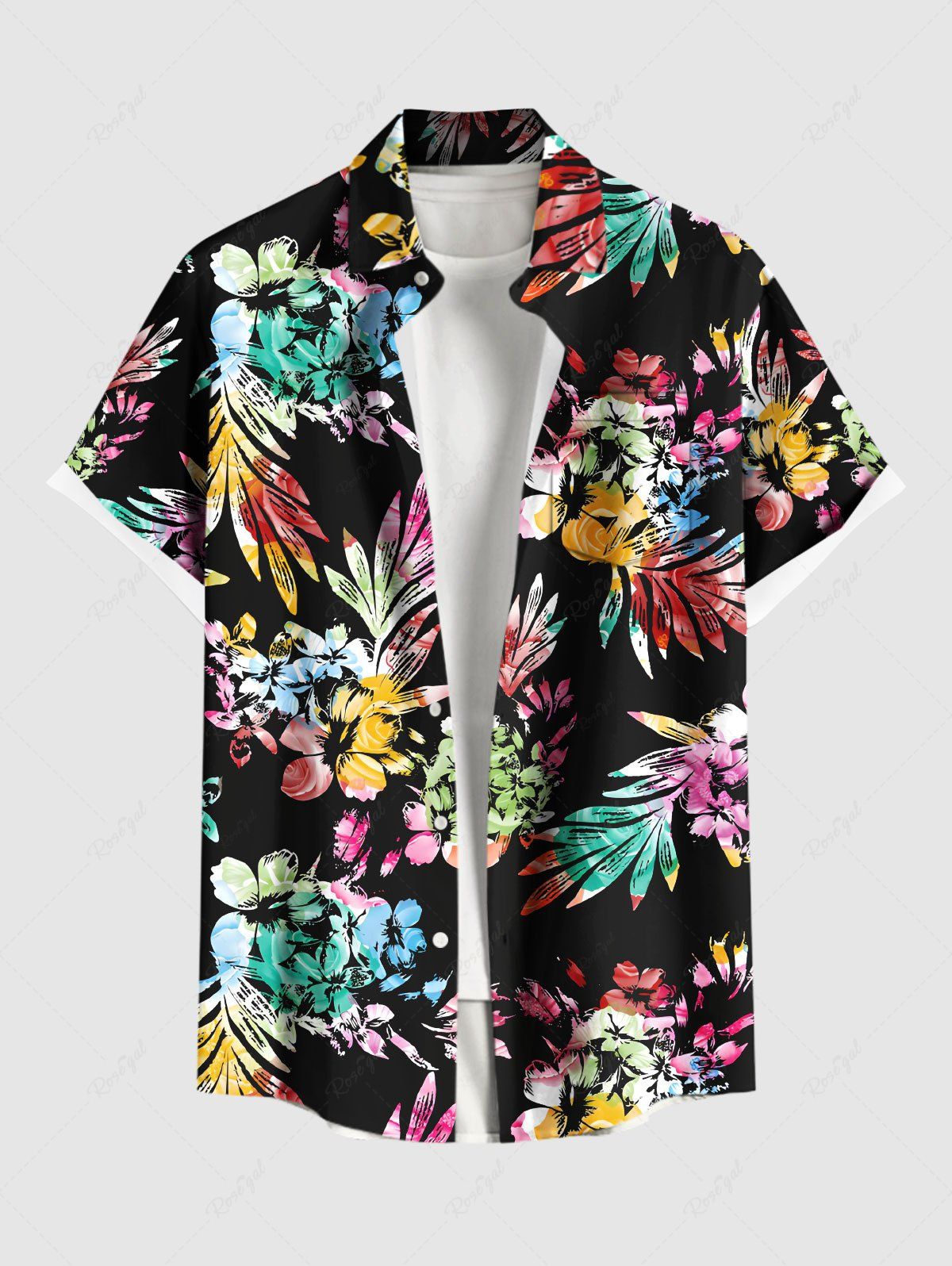 Shops Plus Size Colorful Tropical Leaf Flower Print Hawaii Button Pocket Shirt For Men  