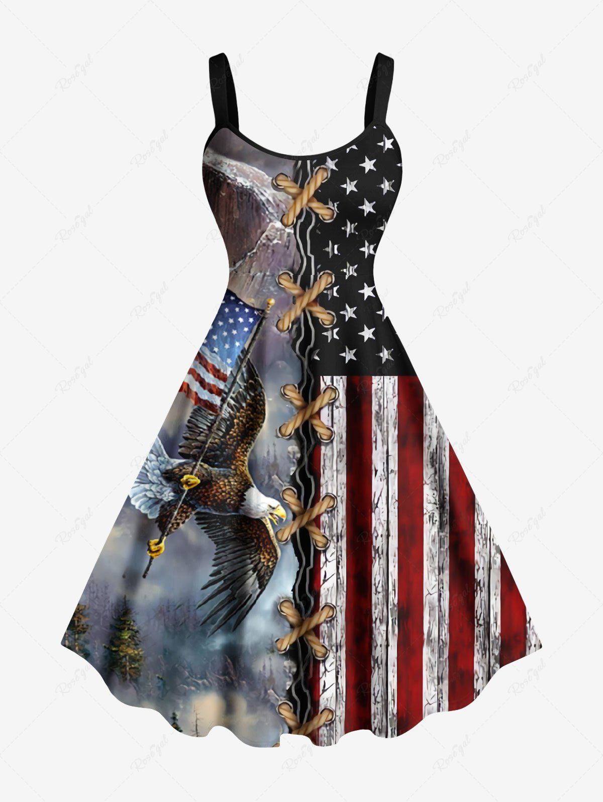 Chic Plus Size 3D Lace Up Patriotic American Flag Eagle Print A Line Tank Dress  