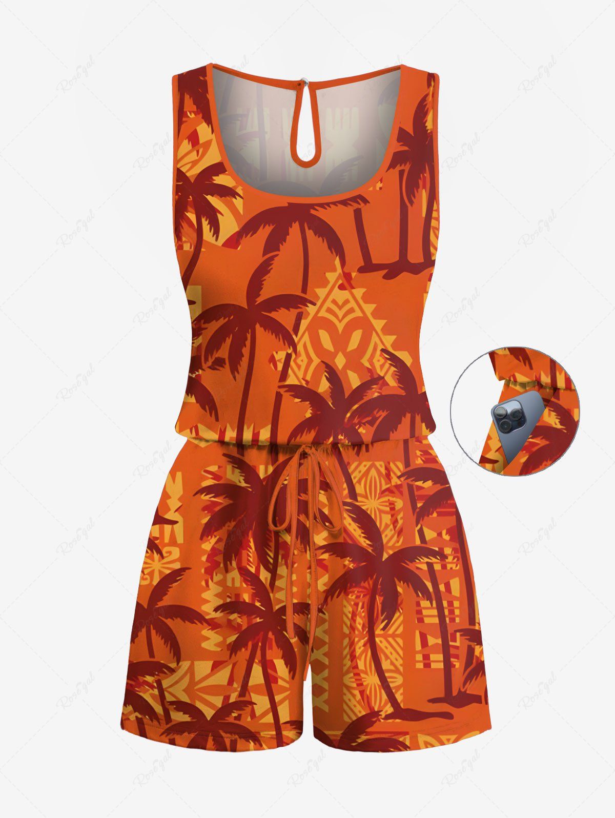 Chic Plus Size Coconut Tree Ethnic Print Hawaii Drawstring Pocket Romper  