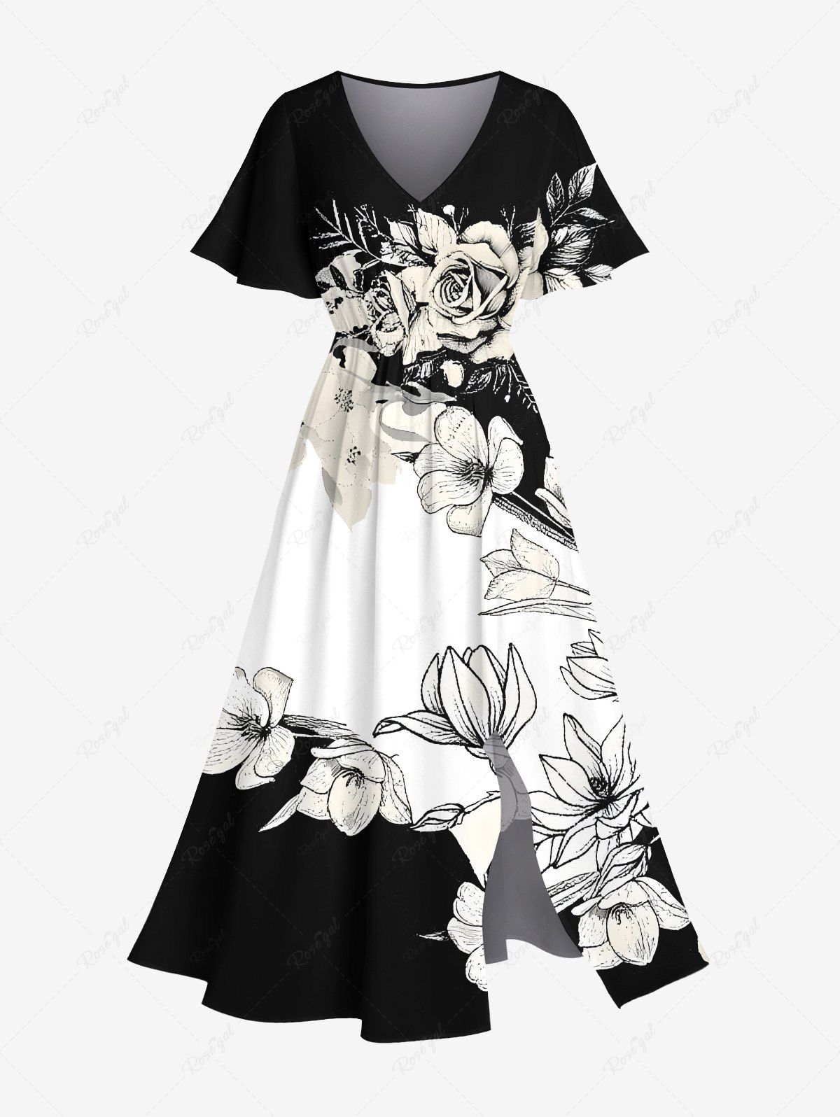 Chic Plus Size Floral Branch Print Hawaii Split Pocket A Line Midi Dress  