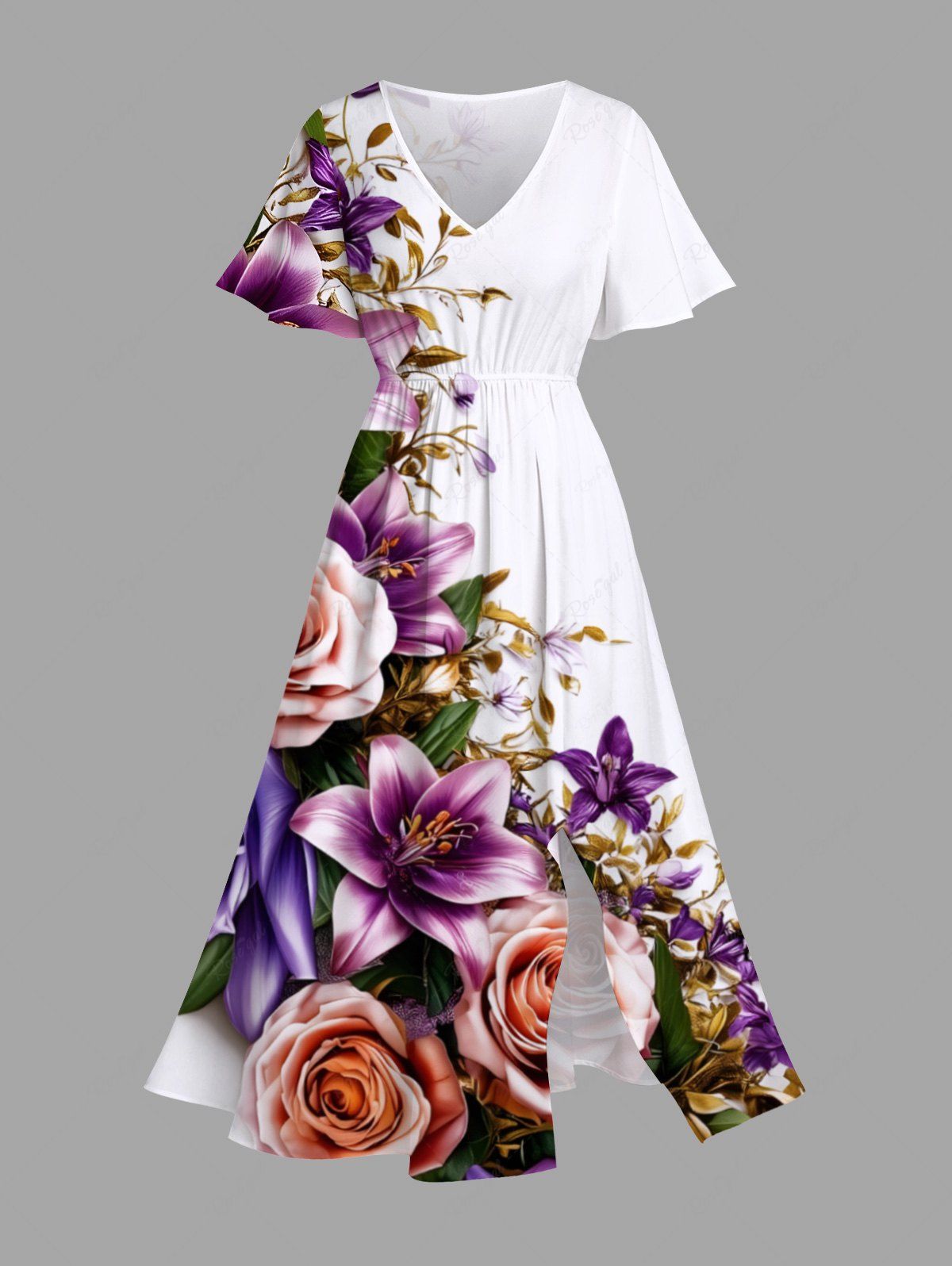 New Plus Size Floral Leaves Print Hawaii Split Pocket A Line Midi Dress  