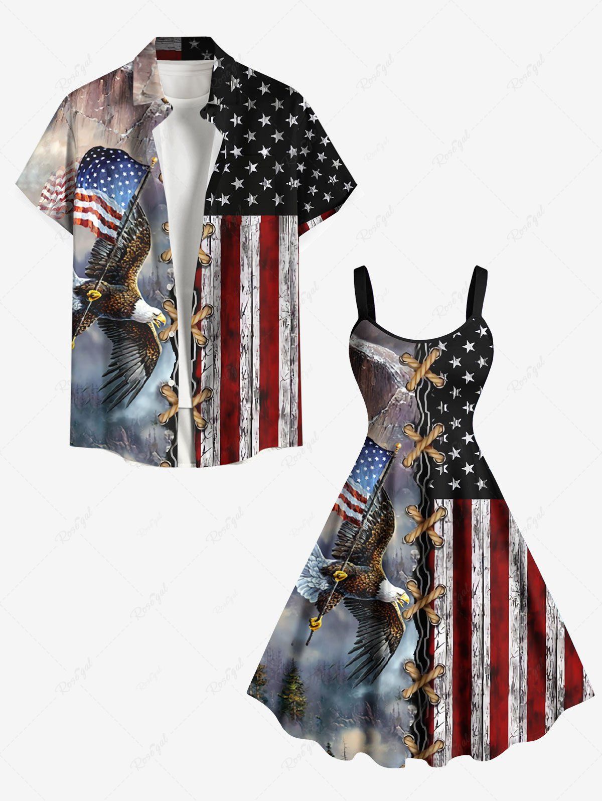 Affordable 3D Lace Up Patriotic American Flag Eagle Print Plus Size Matching Outfit For Couples  