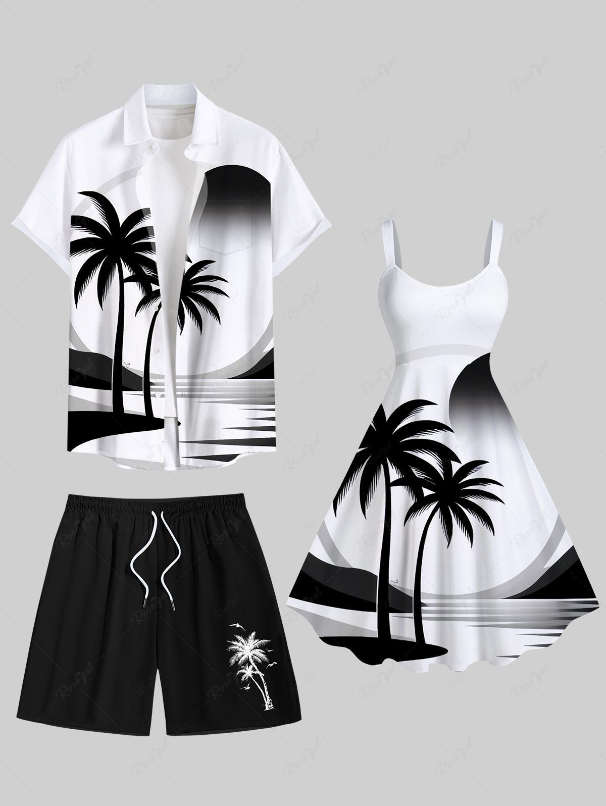 Store Coconut Tree Sea Sun Print Plus Size Matching Hawaii Beach Outfit For Couples  