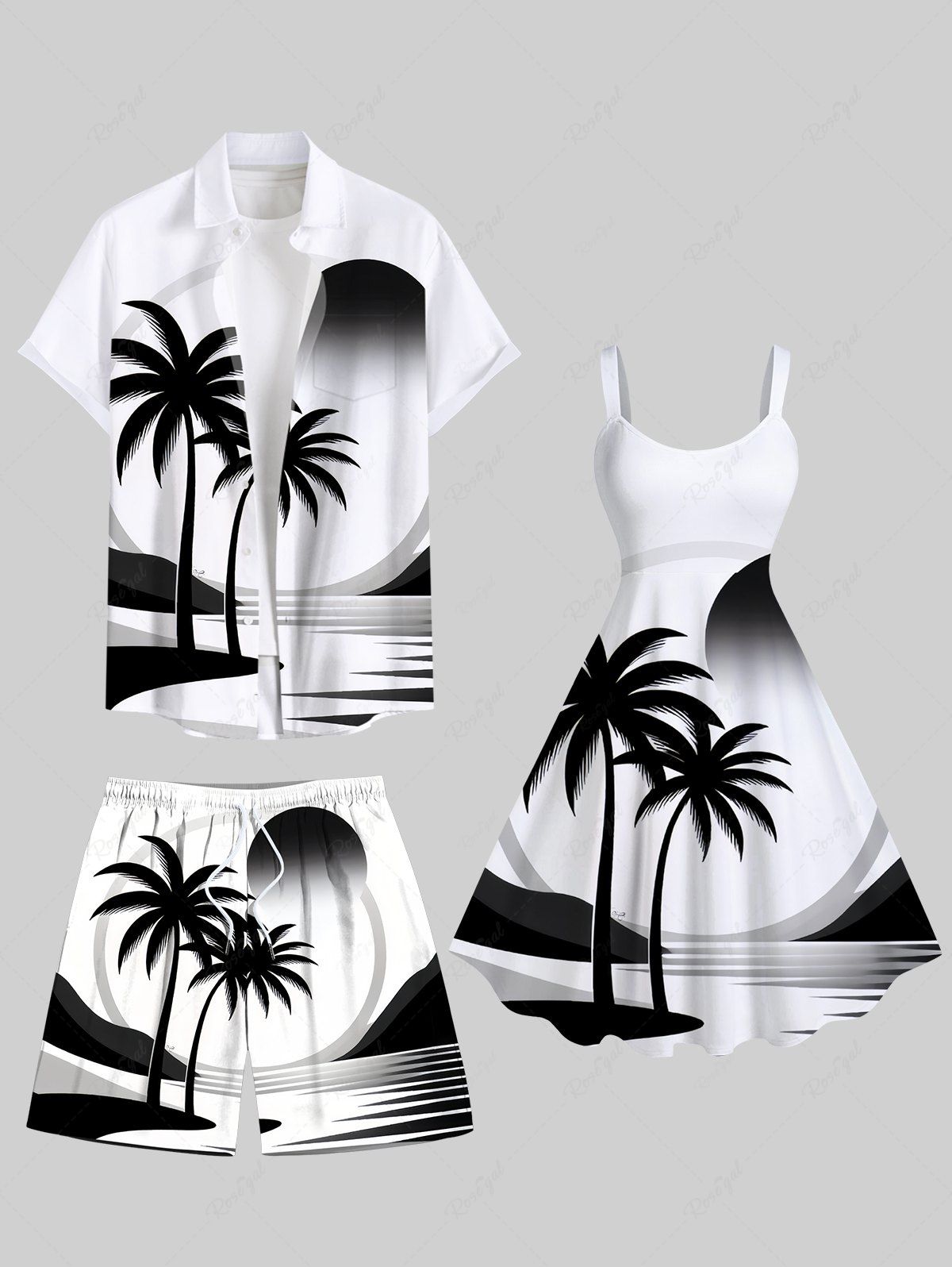 Cheap Coconut Tree Sea Sun Print Plus Size Matching Hawaii Beach Outfit For Couples  